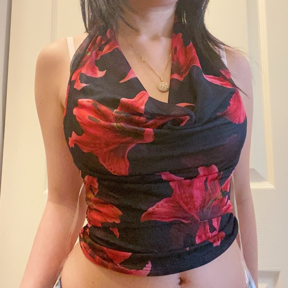 Stylish Red Floral Halter Crop Top